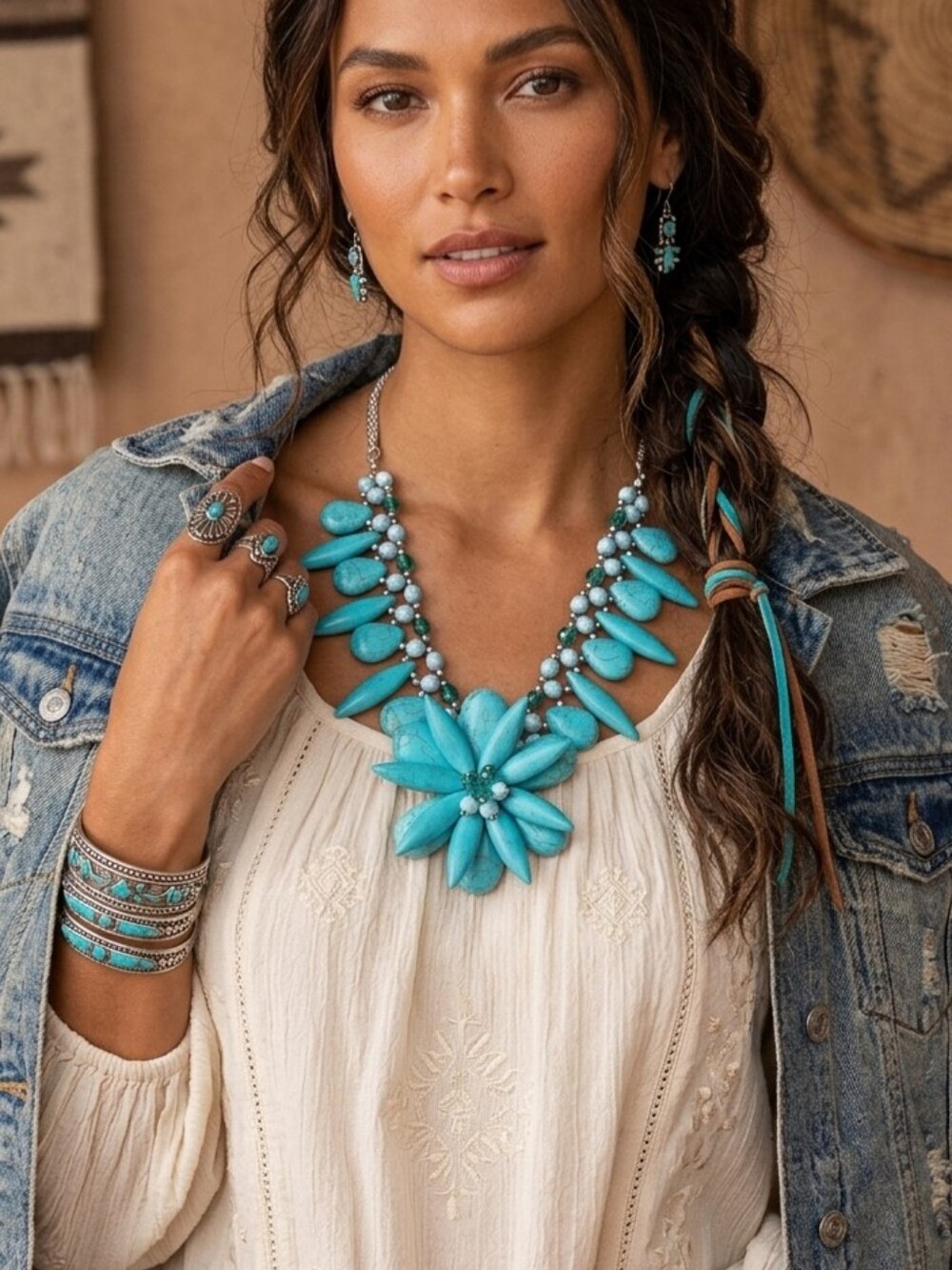 Floral Southwestern Boho Statement Bib Necklace Faux Turquoise Flower Cluster